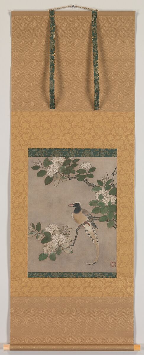 Magpie on Viburnum Branch, Genga (Japanese, active early 16th century), Hanging scroll; ink and color on paper, Japan