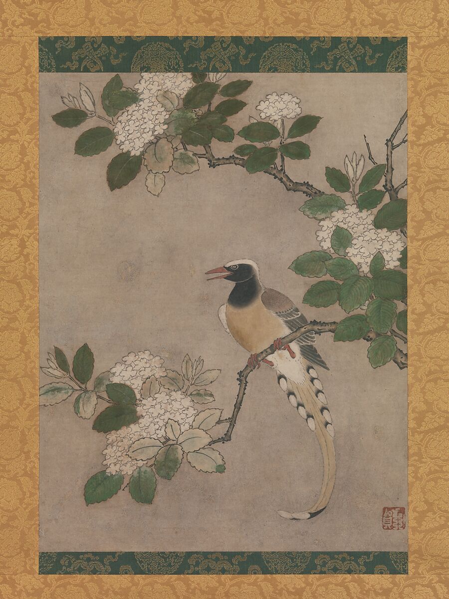 Magpie on Viburnum Branch, Genga (Japanese, active early 16th century), Hanging scroll; ink and color on paper, Japan 