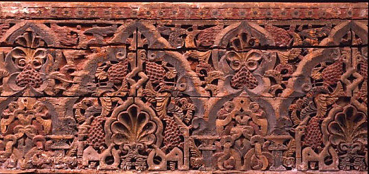 Panel with Cusped Arches, Wood (cedar); carved and painted