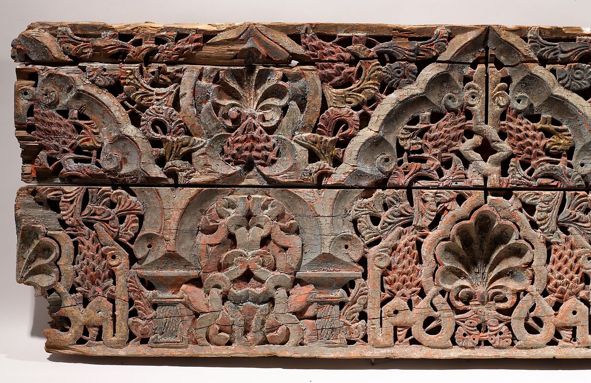 Panel with Cusped Arches, Wood (cedar); carved and painted