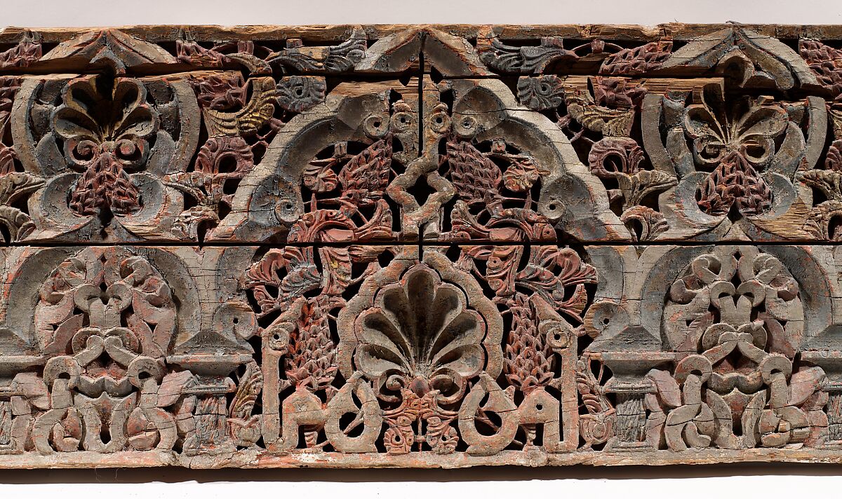 Panel with Cusped Arches, Wood (cedar); carved and painted