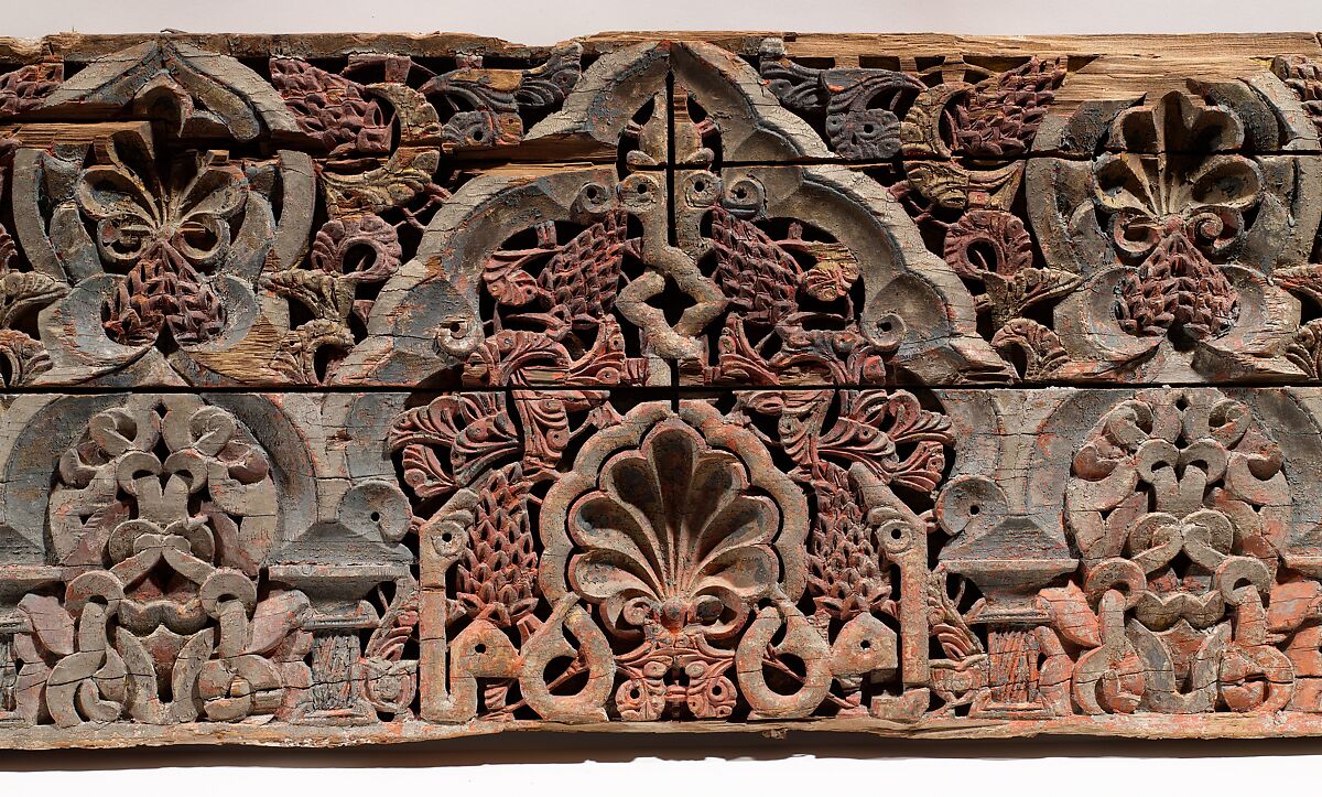 Panel with Cusped Arches, Wood (cedar); carved and painted