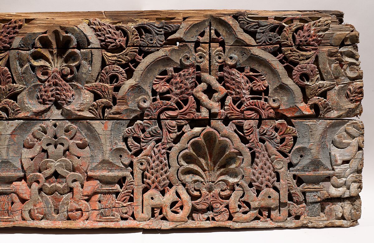 Panel with Cusped Arches, Wood (cedar); carved and painted