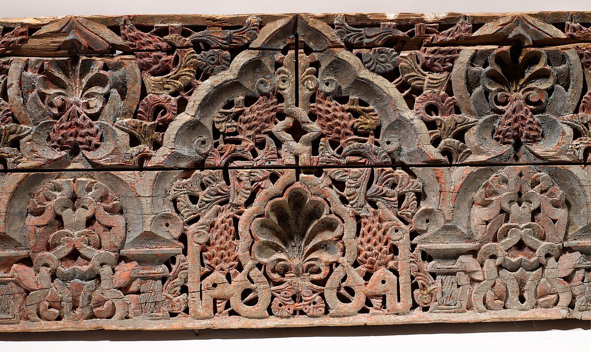Panel with Cusped Arches, Wood (cedar); carved and painted