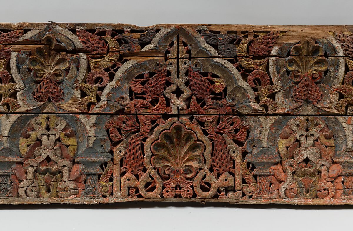 Panel with Cusped Arches, Wood (cedar); carved and painted