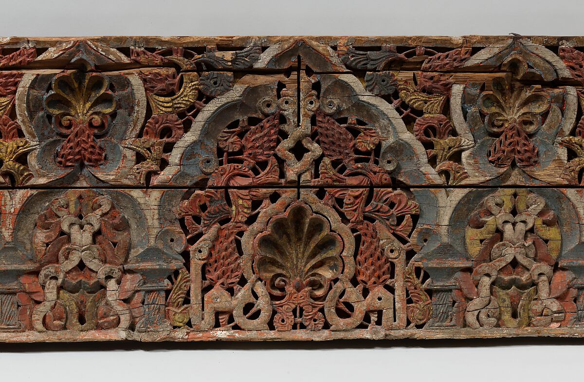 Panel with Cusped Arches, Wood (cedar); carved and painted