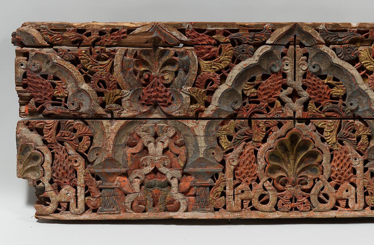Panel with Cusped Arches, Wood (cedar); carved and painted