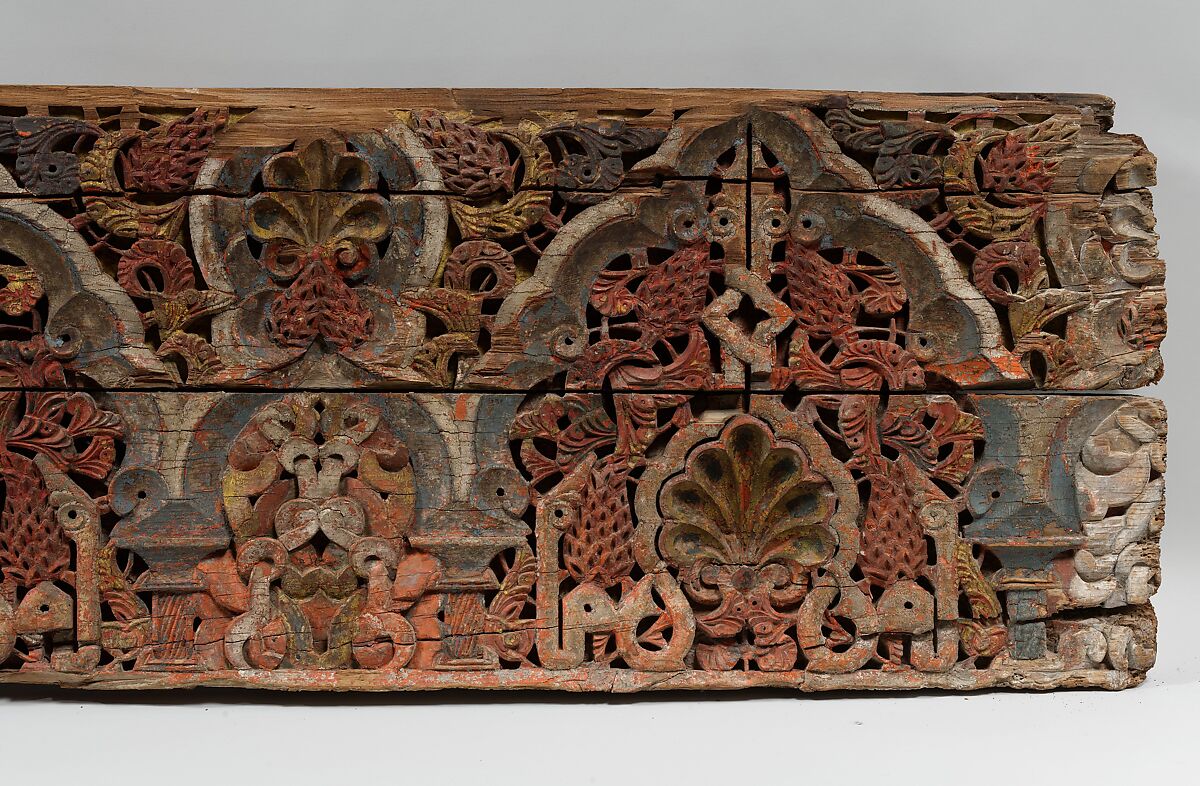 Panel with Cusped Arches, Wood (cedar); carved and painted