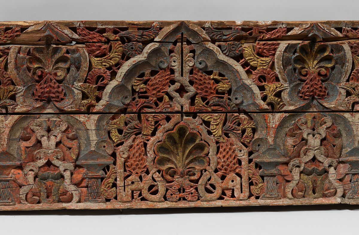 Panel with Cusped Arches, Wood (cedar); carved and painted