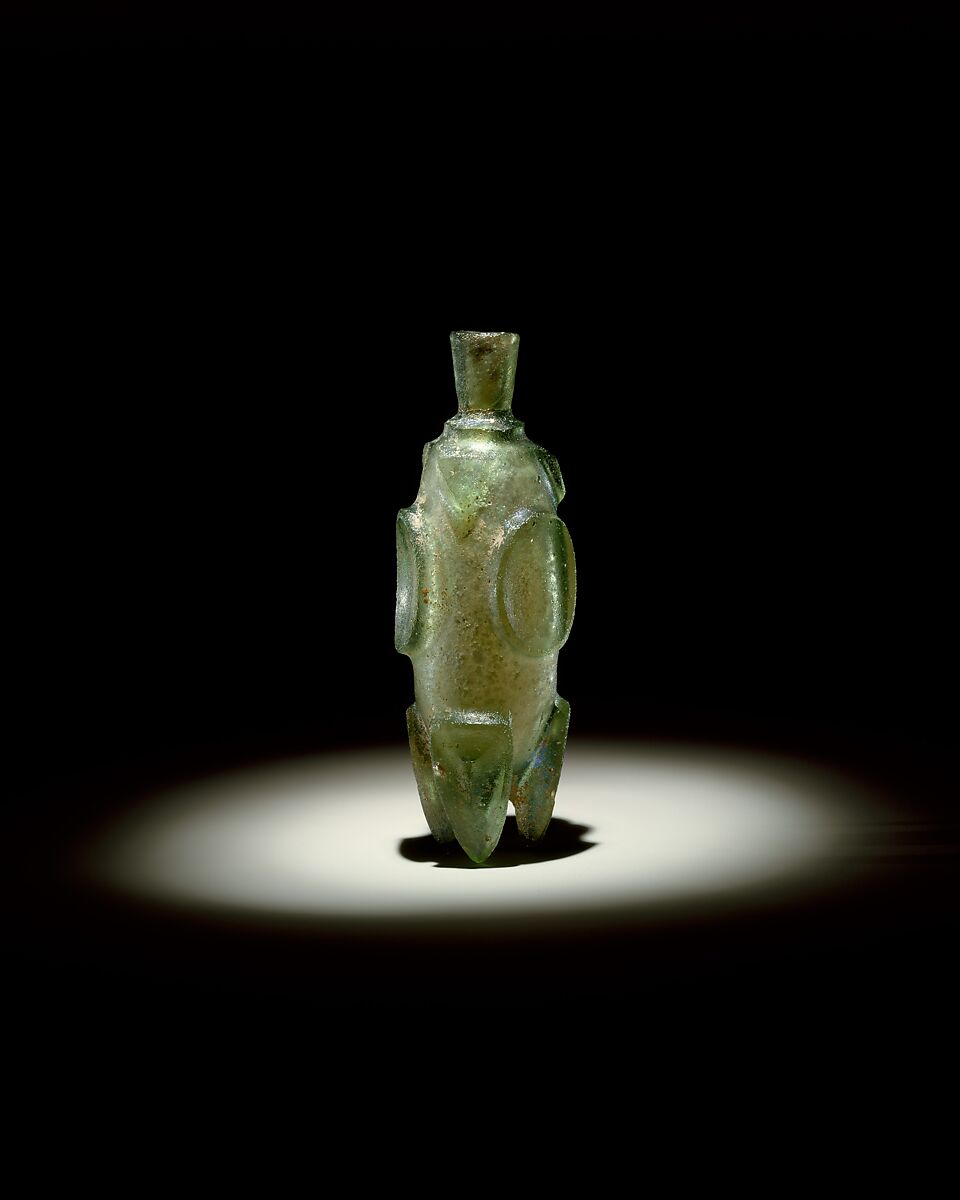 'Molar' flask, Glass, green; cast or blown, cut