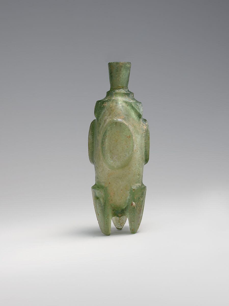 'Molar' flask, Glass, green; cast or blown, cut