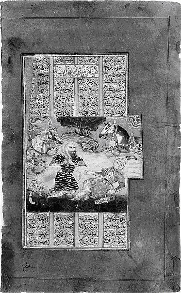 "Suhrab Slain by Rustam", Folio from a Shahnama (Book of Kings) of Firdausi, Abu'l Qasim Firdausi (Iranian, Paj ca. 940/41–1020 Tus), Ink, opaque watercolor, and gold on paper