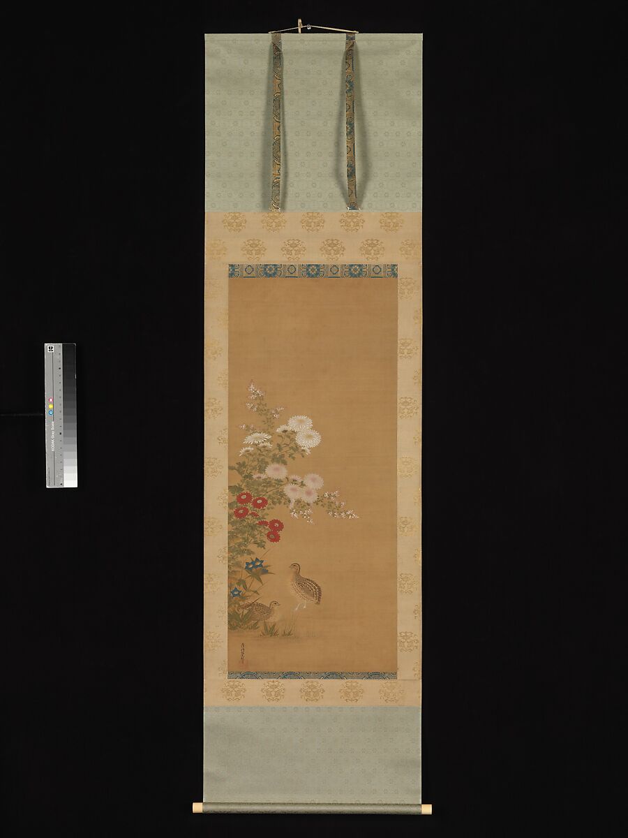 Quail and Autumn Flowers, Tosa Mitsuoki (Japanese, 1617–1691), Hanging scroll; ink and color on silk, Japan