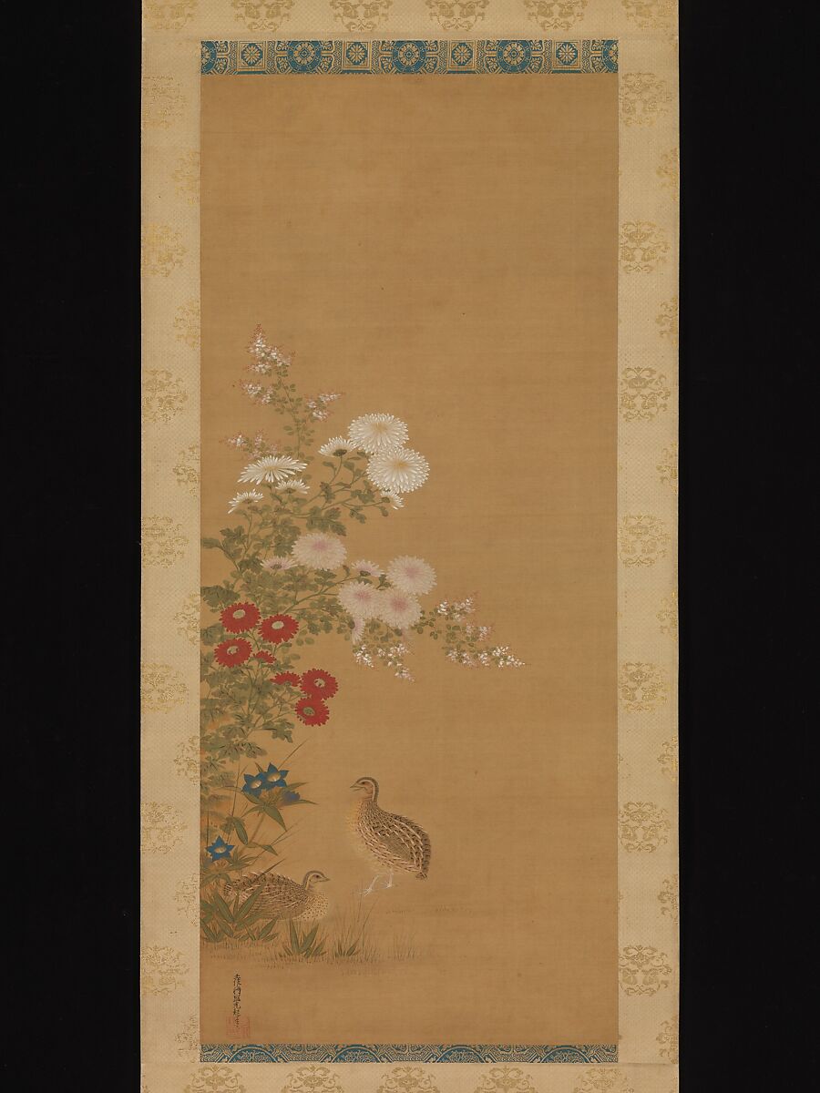 Quail and Autumn Flowers, Tosa Mitsuoki (Japanese, 1617–1691), Hanging scroll; ink and color on silk, Japan 