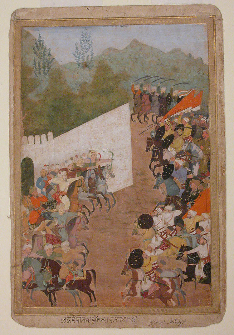 "The Battle of Shahbarghan", Folio from a Padshahnama (Chronicle of the Emperor), Ink, opaque watercolor, and gold on paper