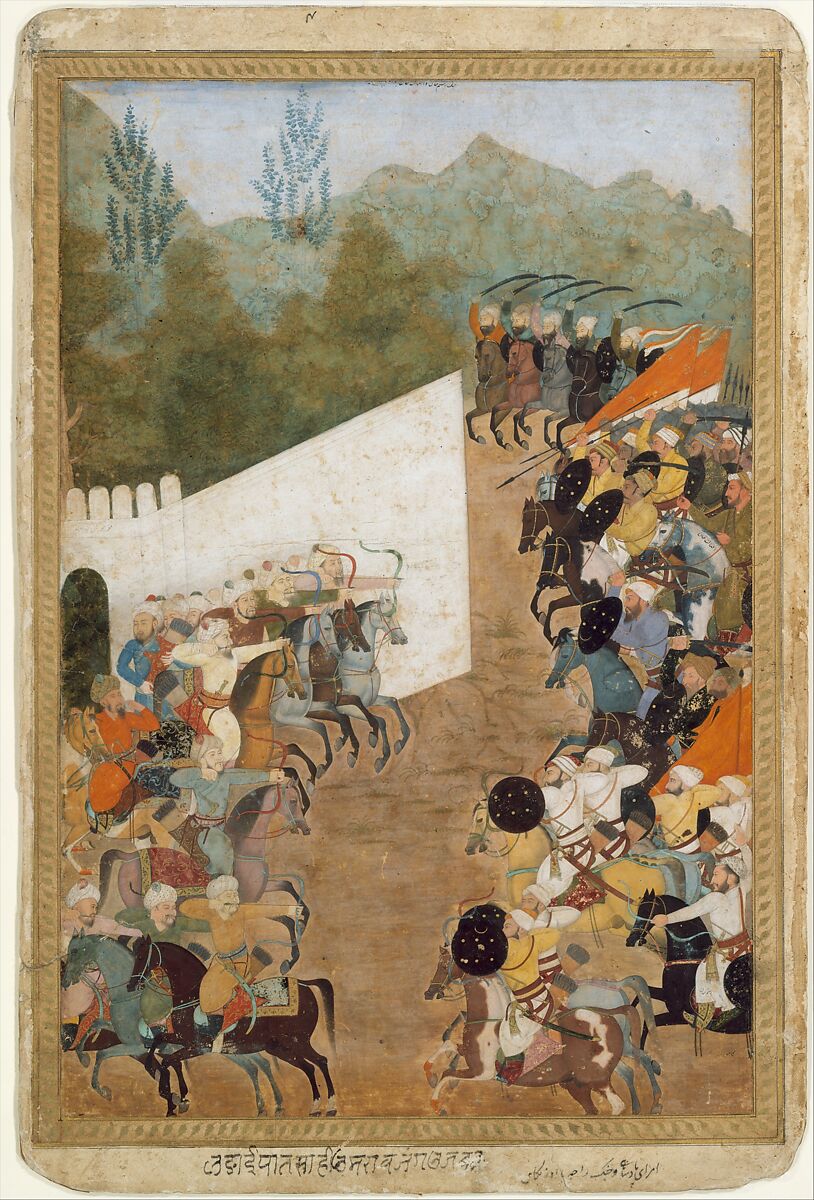 "The Battle of Shahbarghan", Folio from a Padshahnama (Chronicle of the Emperor), Ink, opaque watercolor, and gold on paper