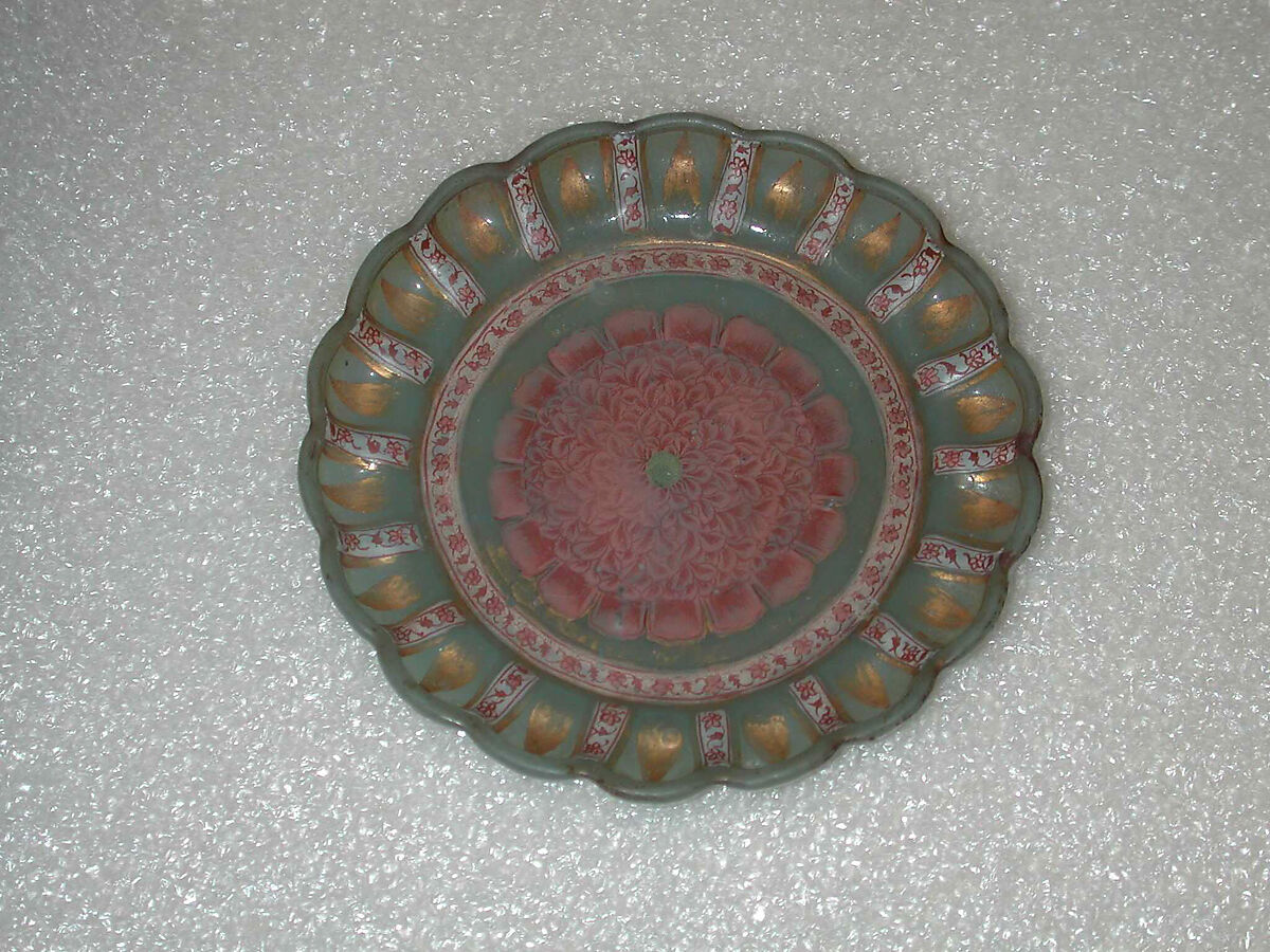 Dish with Peony, Glass, opalescent green; blown, shaped with mold, enameled, and gilded