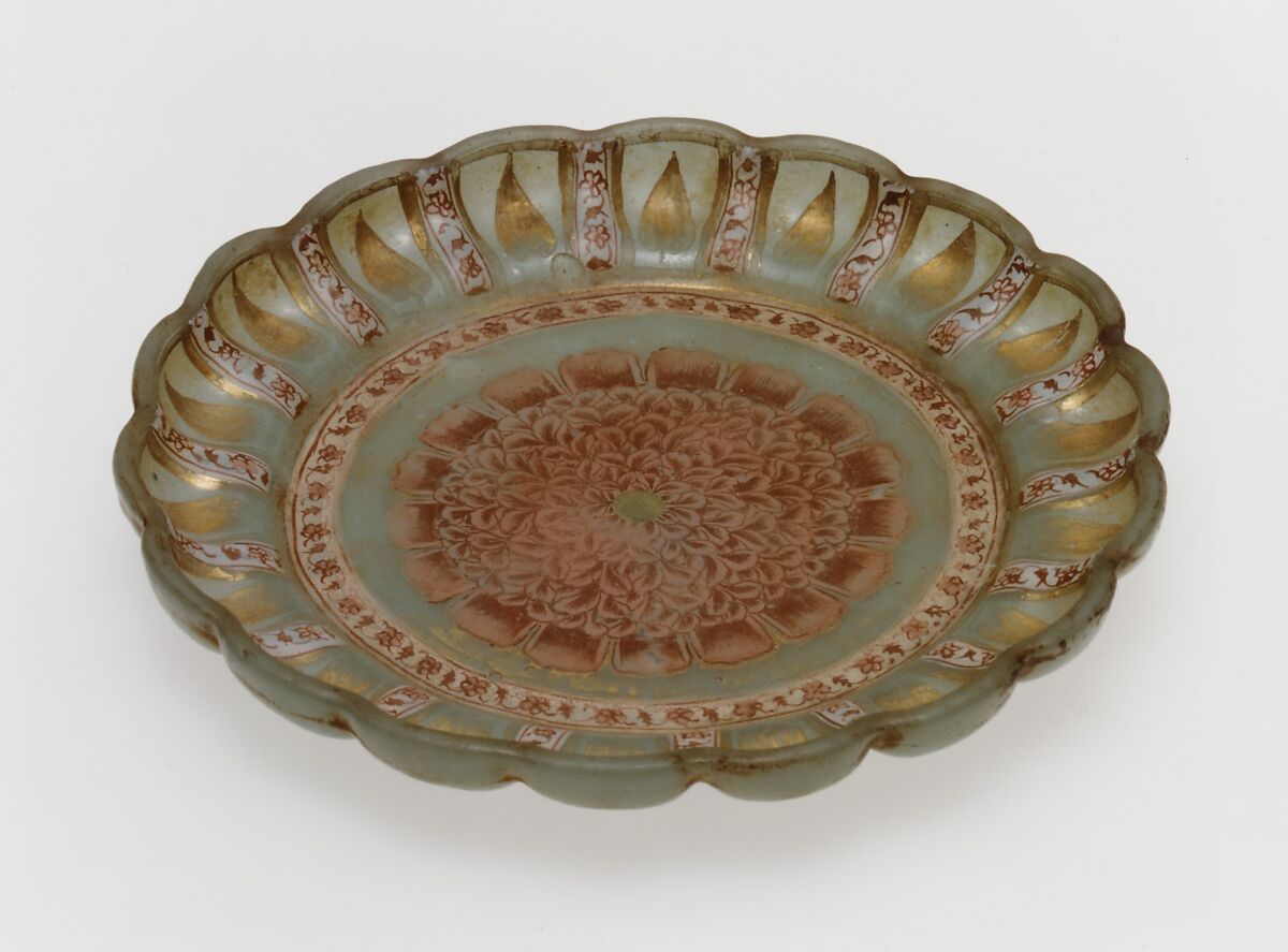 Dish with Peony, Glass, opalescent green; blown, shaped with mold, enameled, and gilded