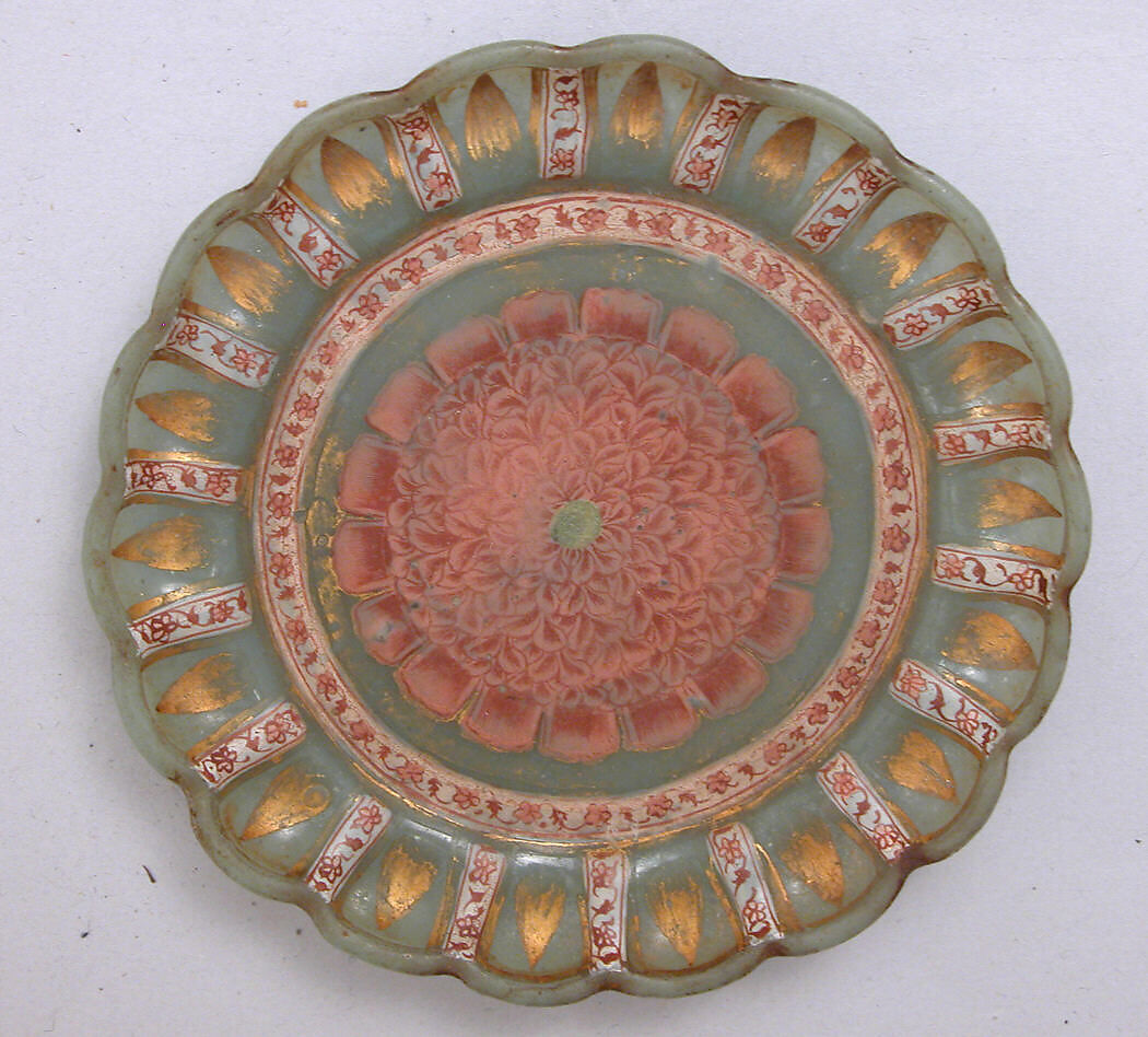 Dish with Peony, Glass, opalescent green; blown, shaped with mold, enameled, and gilded