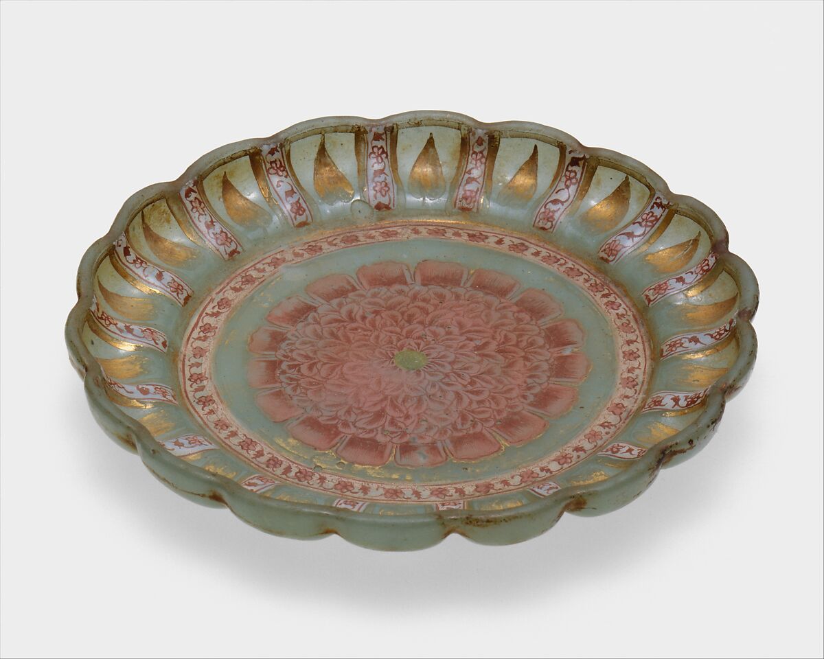 Dish with Peony, Glass, opalescent green; blown, shaped with mold, enameled, and gilded