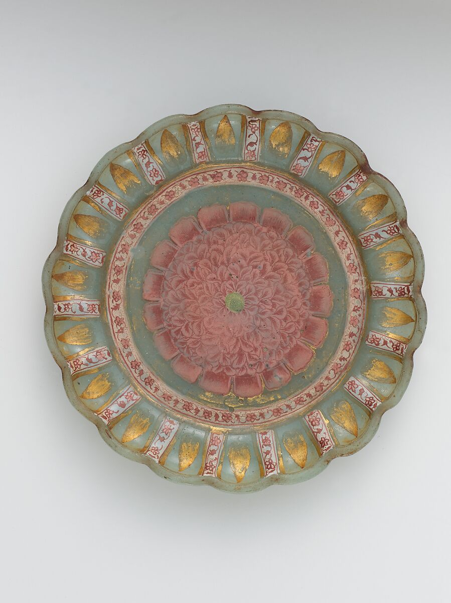 Dish with Peony, Glass, opalescent green; blown, shaped with mold, enameled, and gilded 