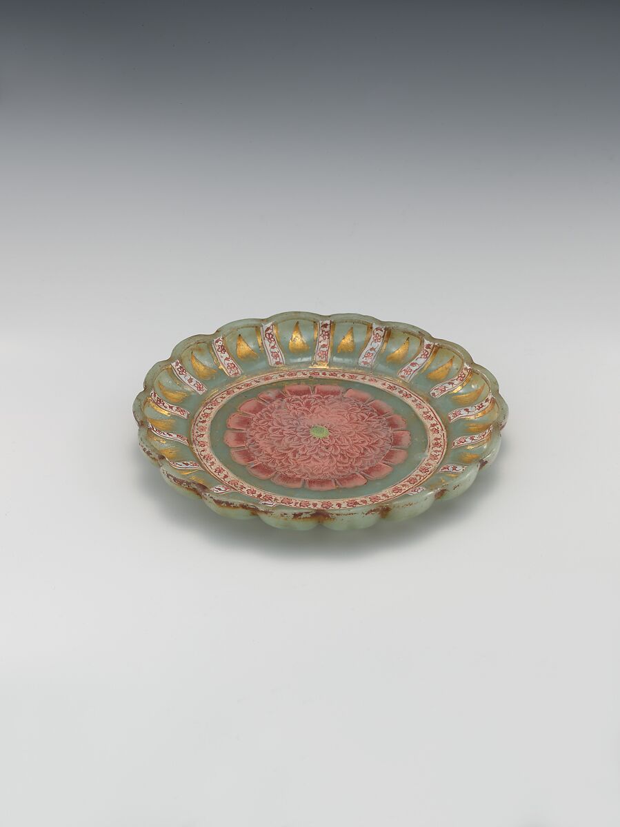 Dish with Peony, Glass, opalescent green; blown, shaped with mold, enameled, and gilded
