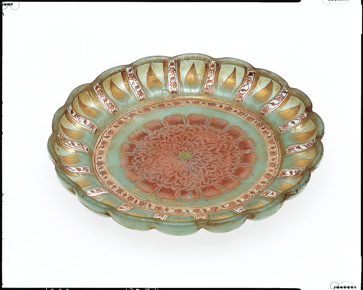 Dish with Peony, Glass, opalescent green; blown, shaped with mold, enameled, and gilded