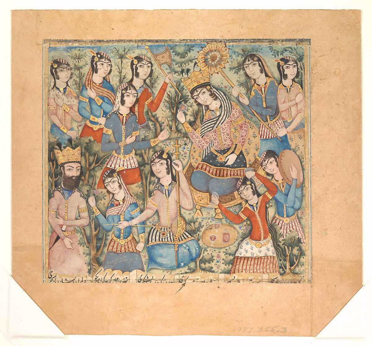 Enthroned Queen and Prince Surrounded by Musicians, Ink, opaque watercolor, and gold on paper 