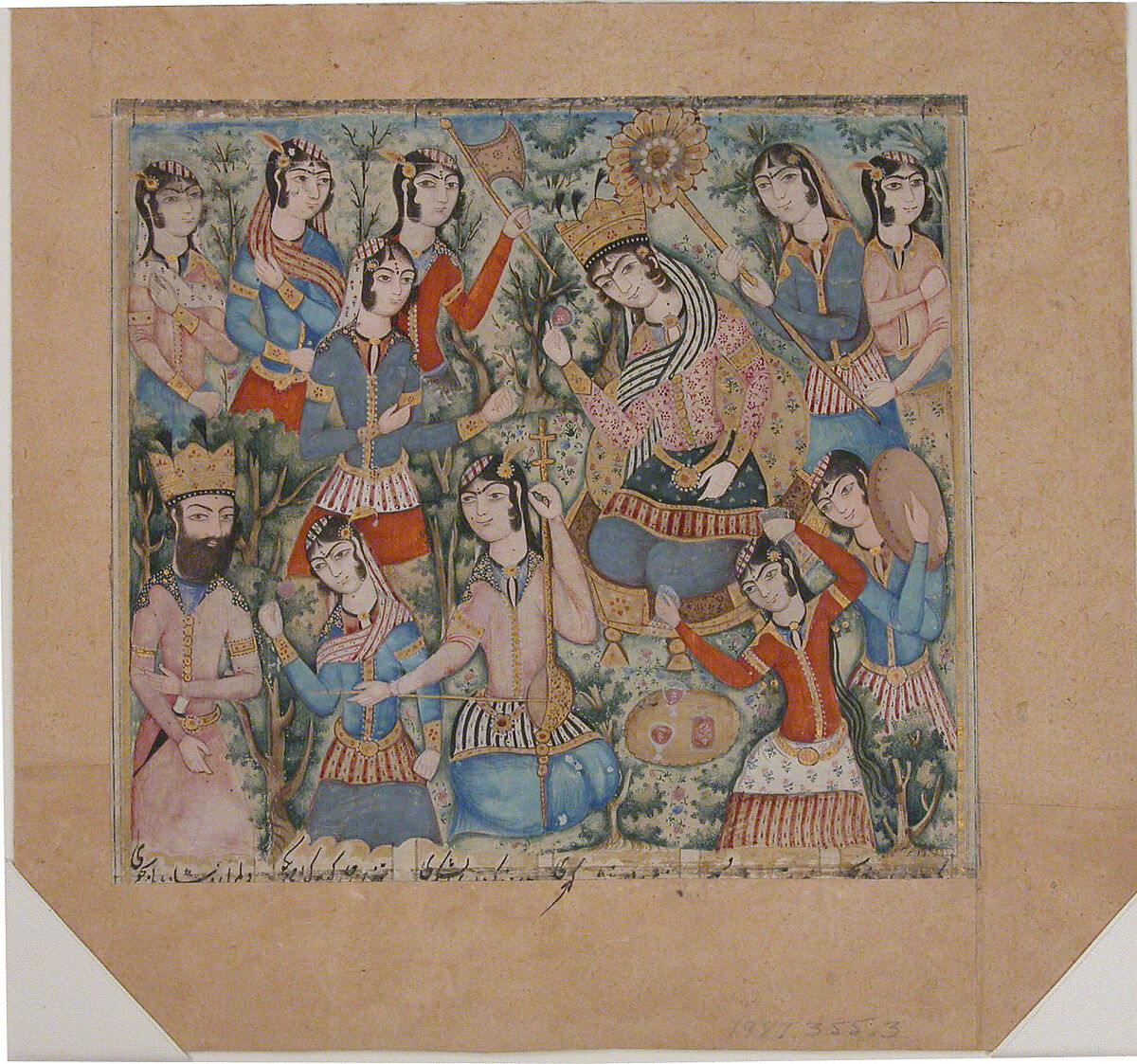 Enthroned Queen and Prince Surrounded by Musicians, Ink, opaque watercolor, and gold on paper