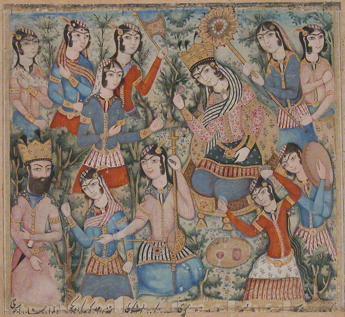 Enthroned Queen and Prince Surrounded by Musicians, Ink, opaque watercolor, and gold on paper