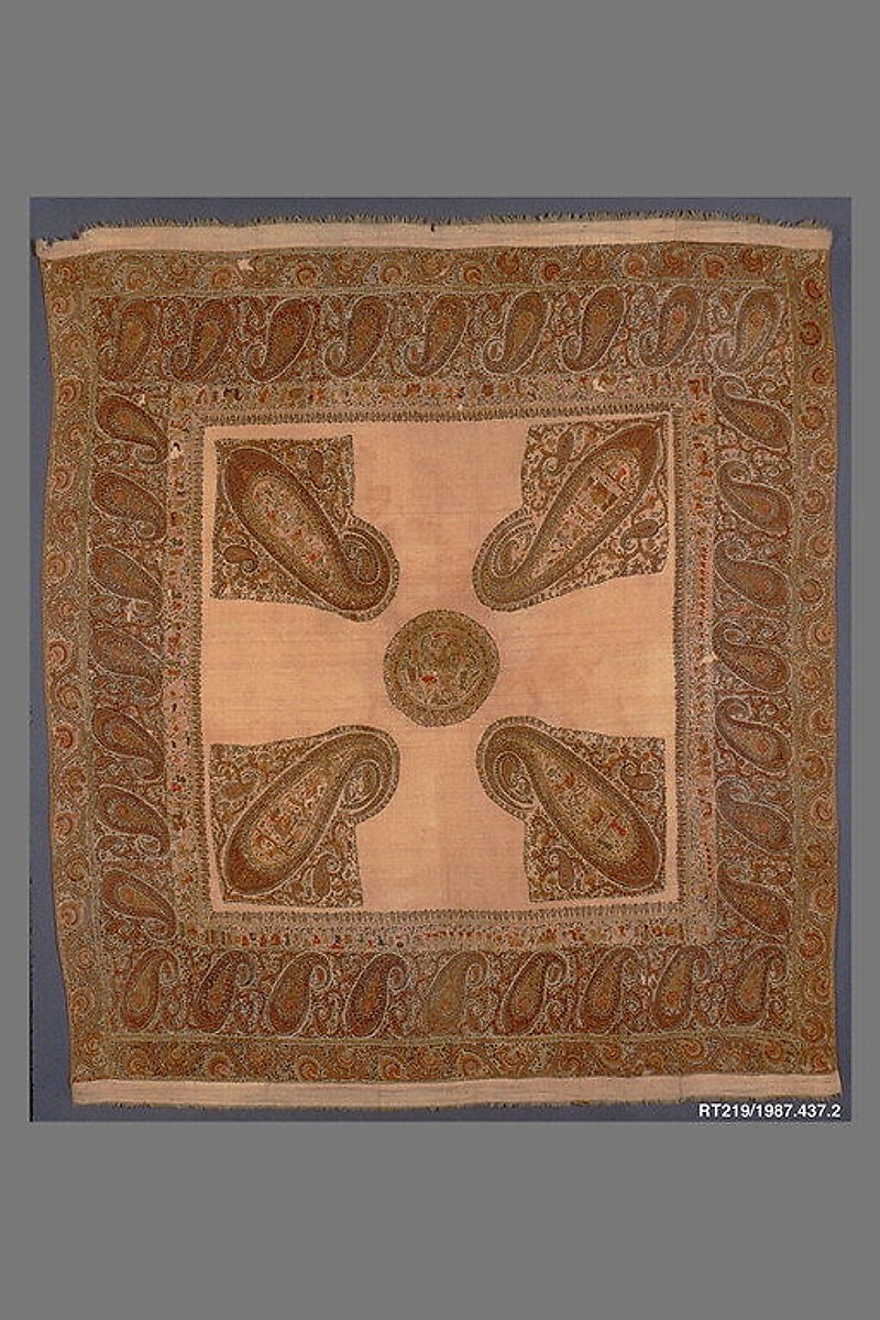 Shawl, Wool; plain weave, appliquéd with embroidered panels