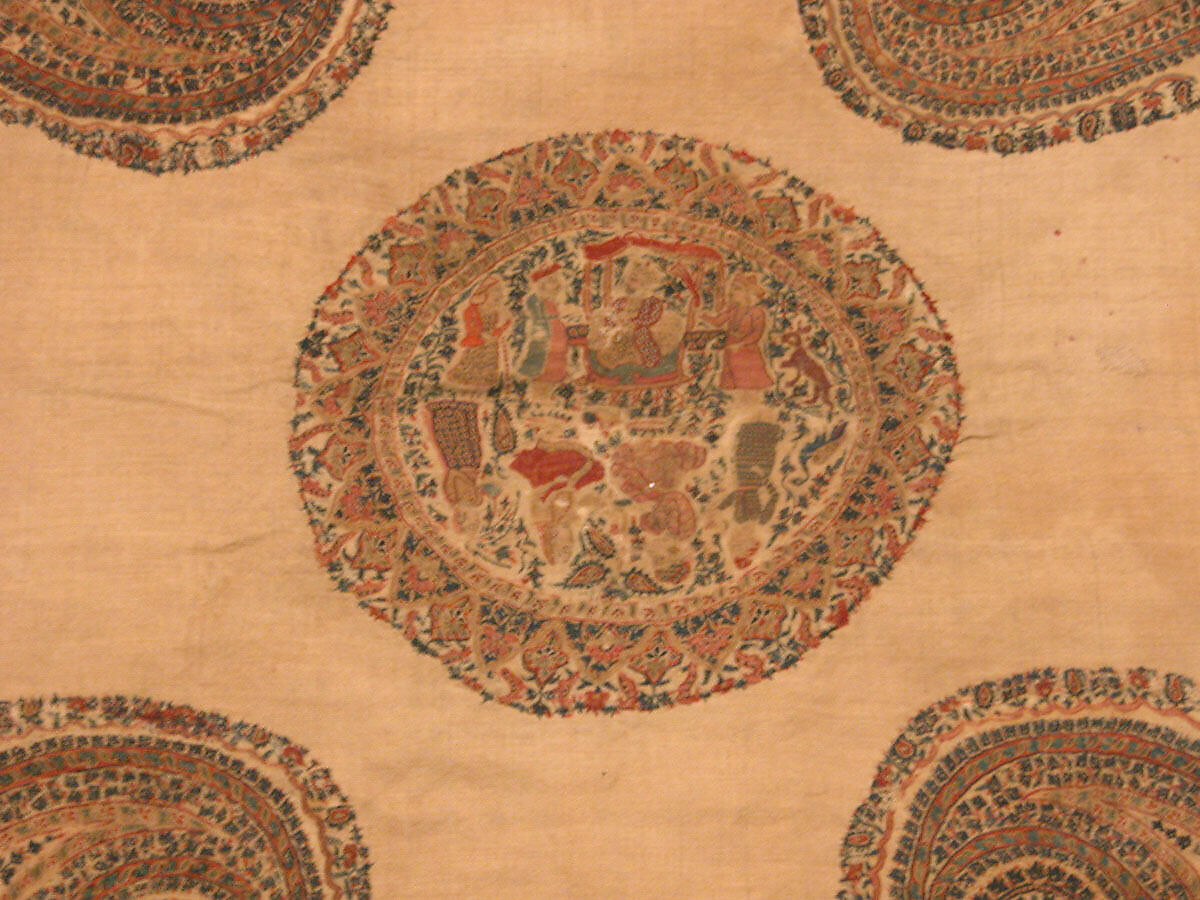 Shawl, Wool; plain weave, appliquéd with embroidered panels