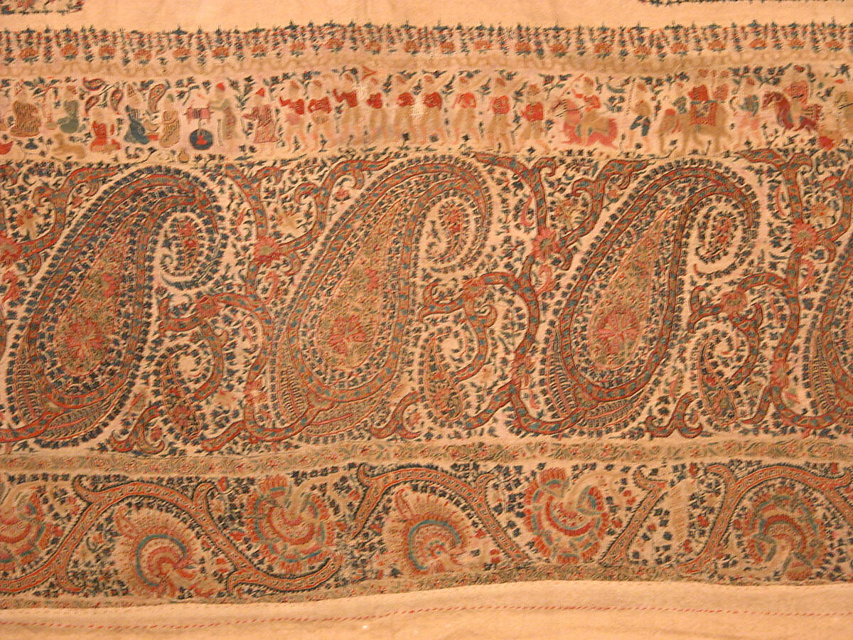 Shawl, Wool; plain weave, appliquéd with embroidered panels