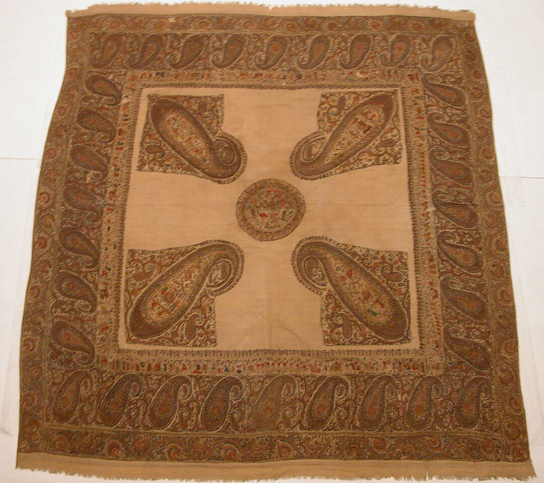 Shawl, Wool; plain weave, appliquéd with embroidered panels