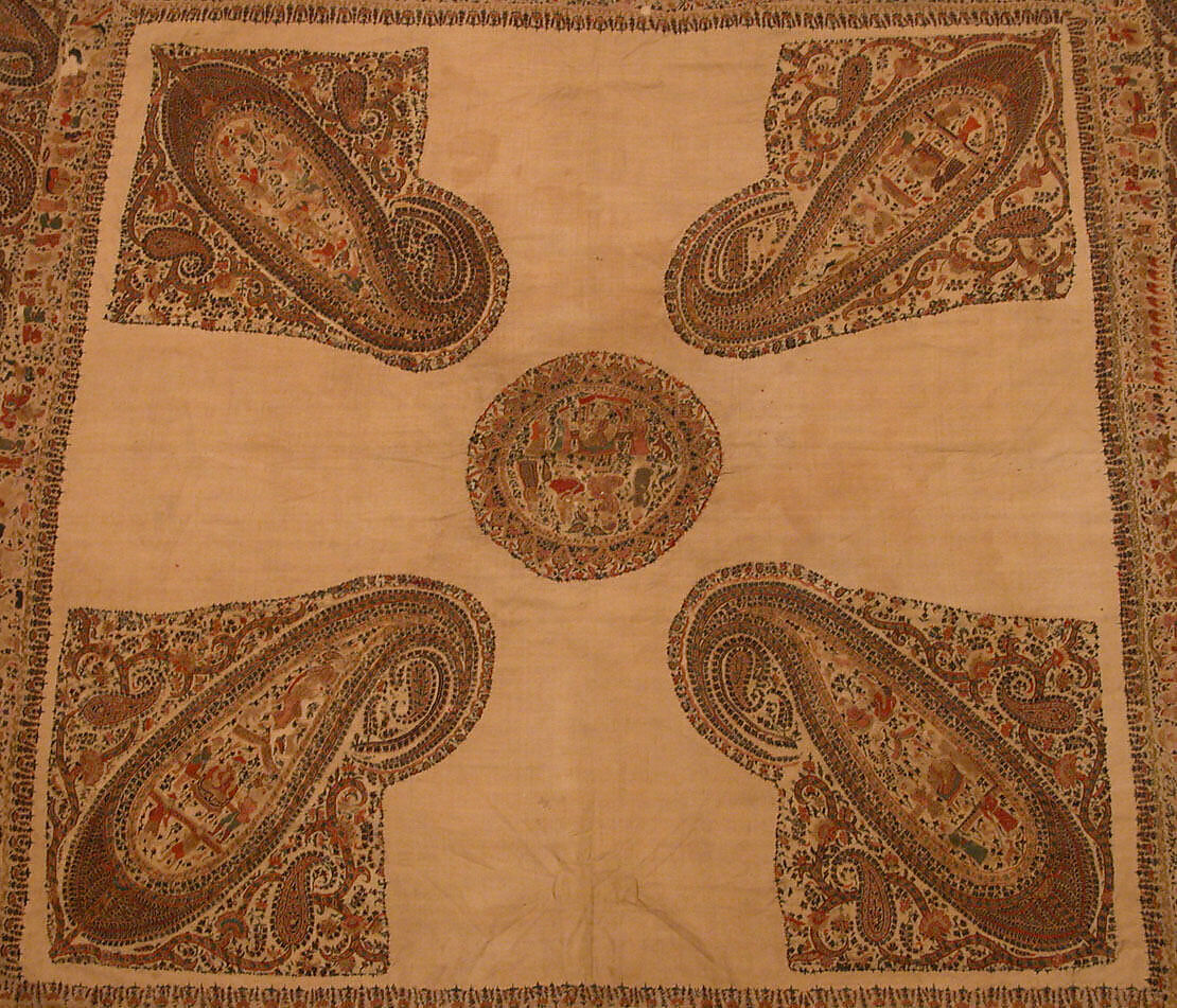 Shawl, Wool; plain weave, appliquéd with embroidered panels