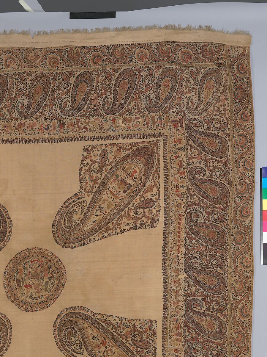 Shawl, Wool; plain weave, appliquéd with embroidered panels
