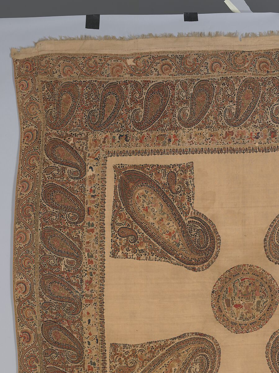 Shawl, Wool; plain weave, appliquéd with embroidered panels