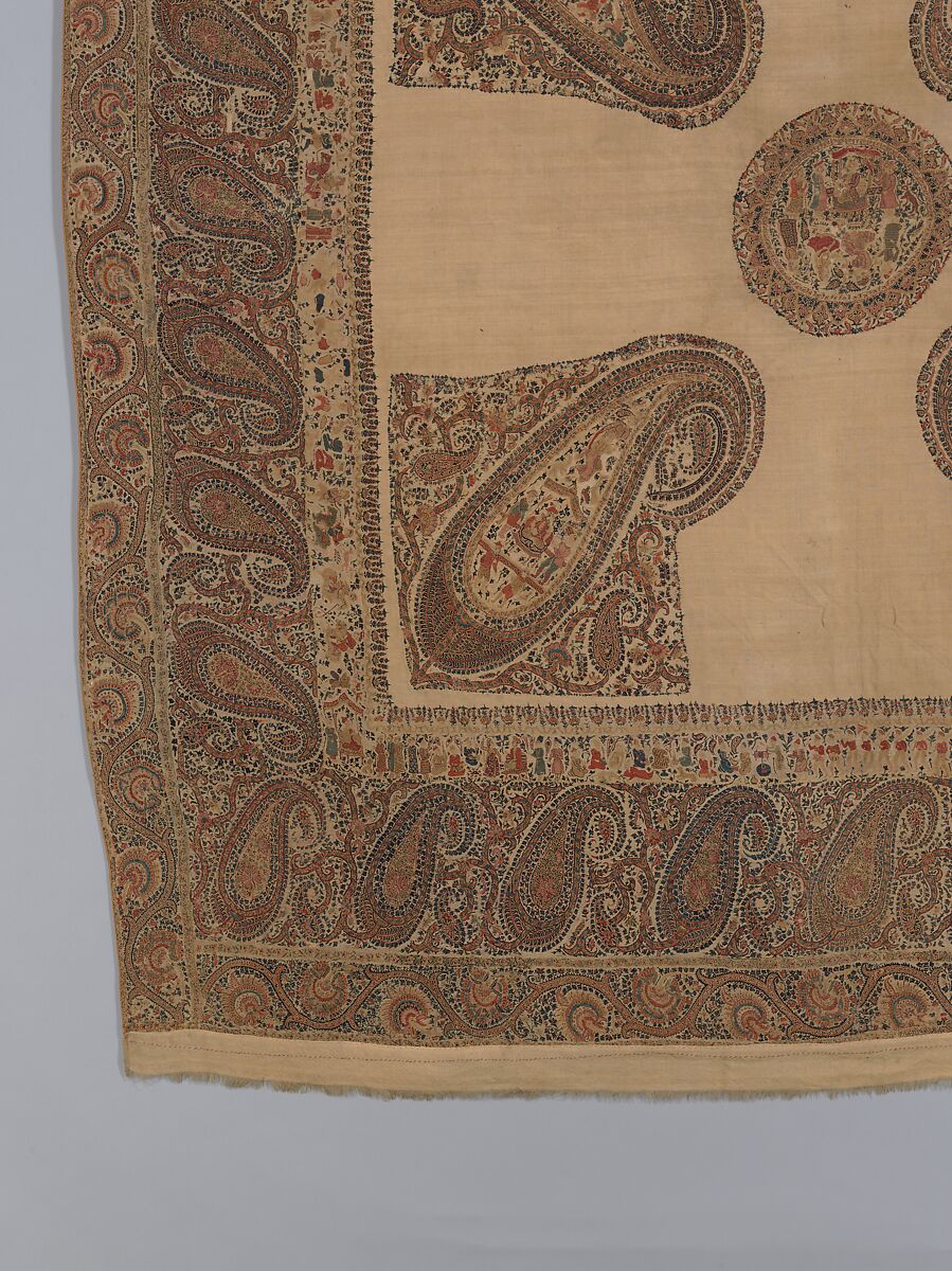 Shawl, Wool; plain weave, appliquéd with embroidered panels