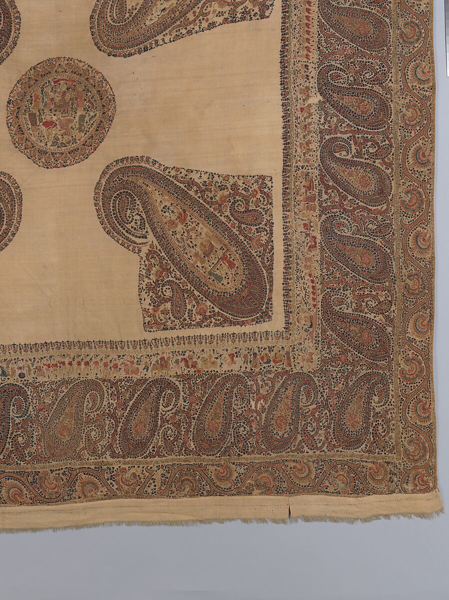 Shawl, Wool; plain weave, appliquéd with embroidered panels