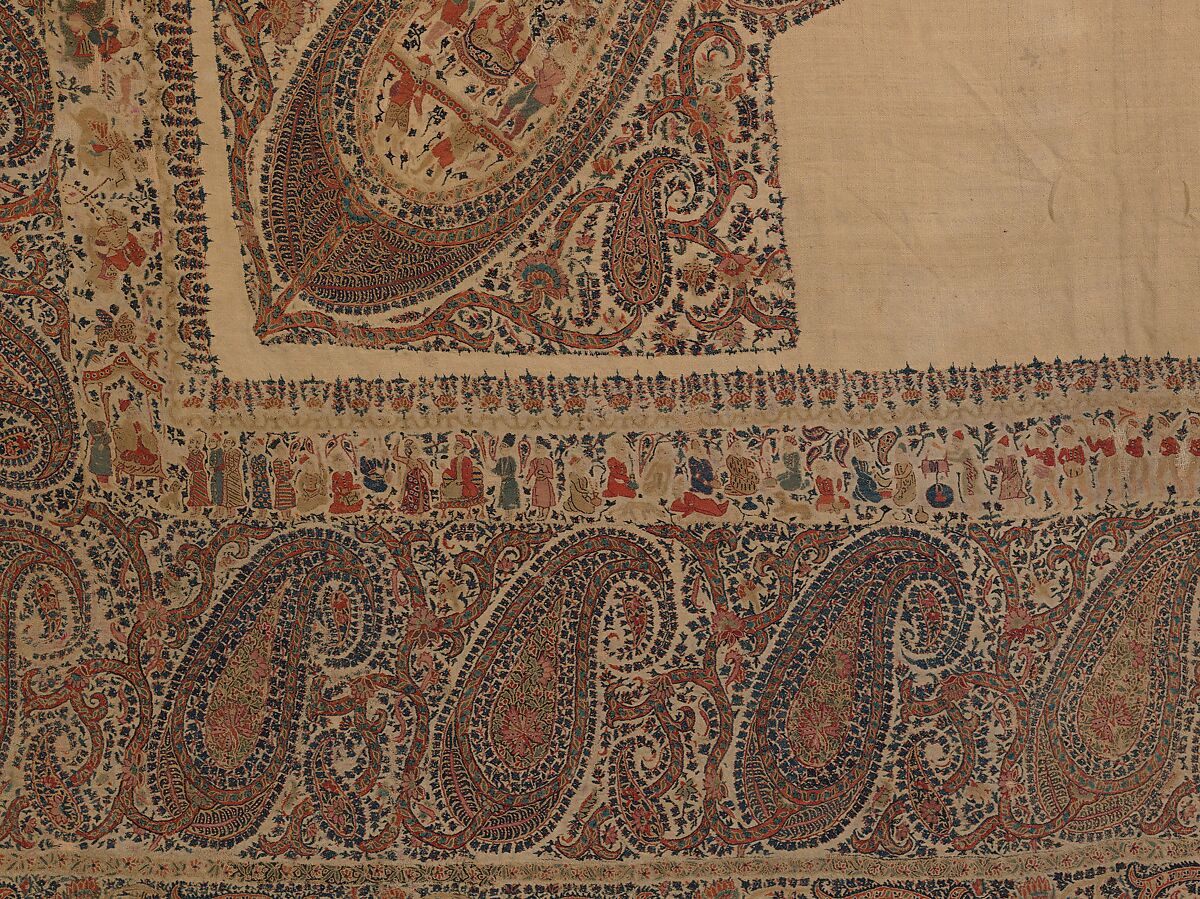 Shawl, Wool; plain weave, appliquéd with embroidered panels