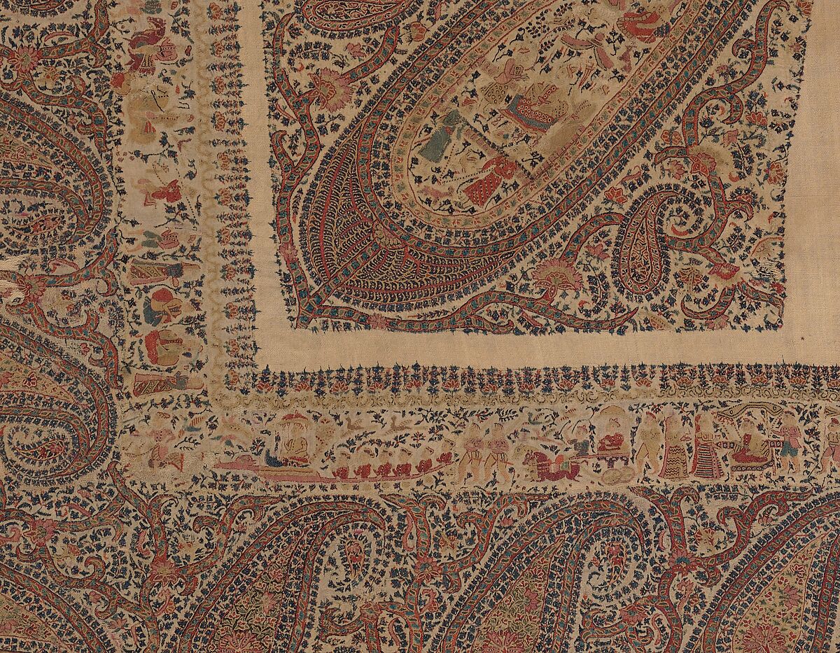 Shawl, Wool; plain weave, appliquéd with embroidered panels