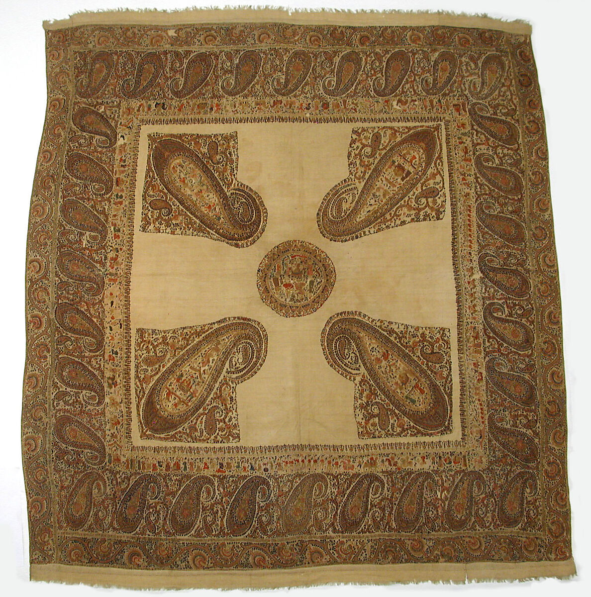Shawl, Wool; plain weave, appliquéd with embroidered panels