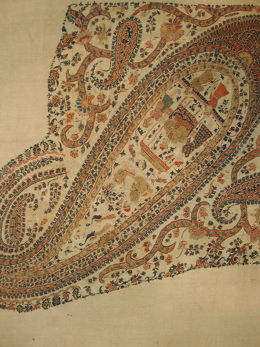 Shawl, Wool; plain weave, appliquéd with embroidered panels