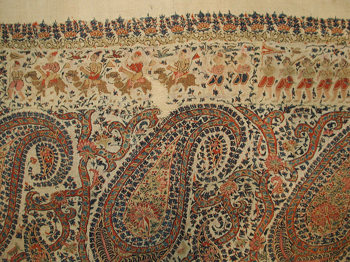 Shawl, Wool; plain weave, appliquéd with embroidered panels