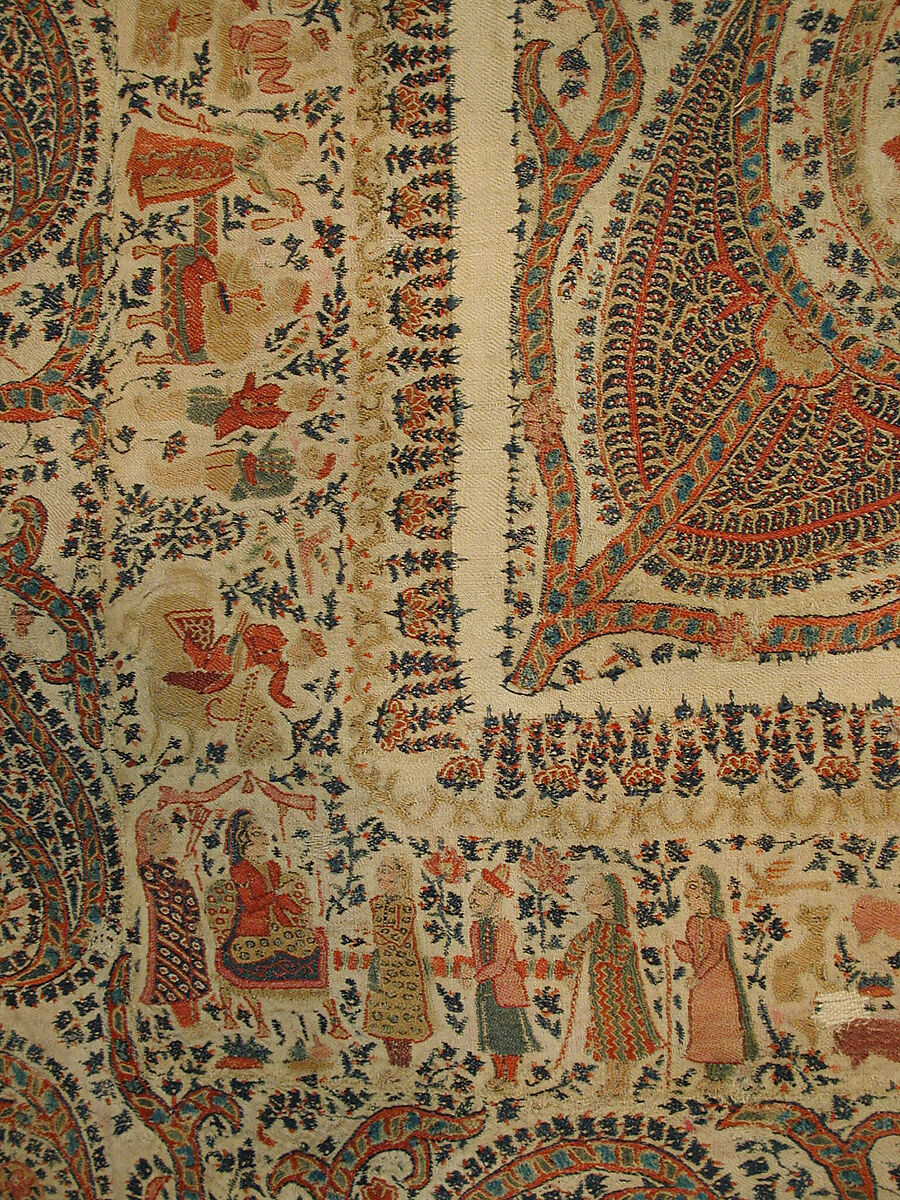 Shawl, Wool; plain weave, appliquéd with embroidered panels
