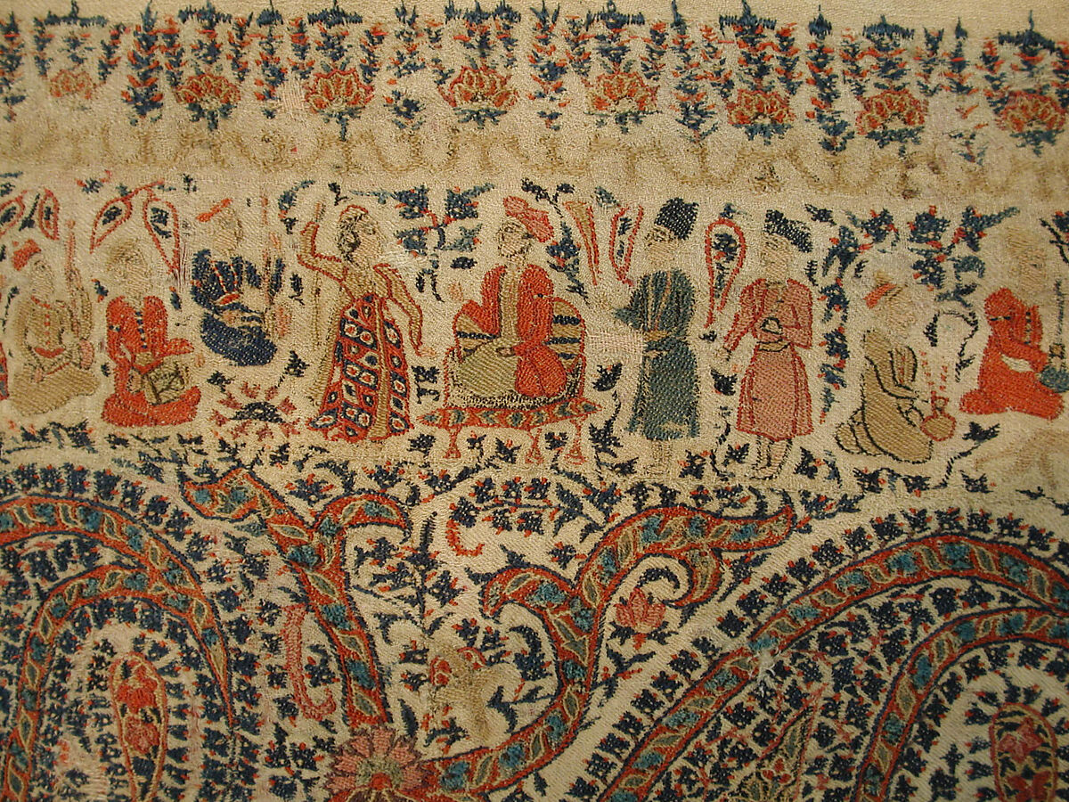 Shawl, Wool; plain weave, appliquéd with embroidered panels