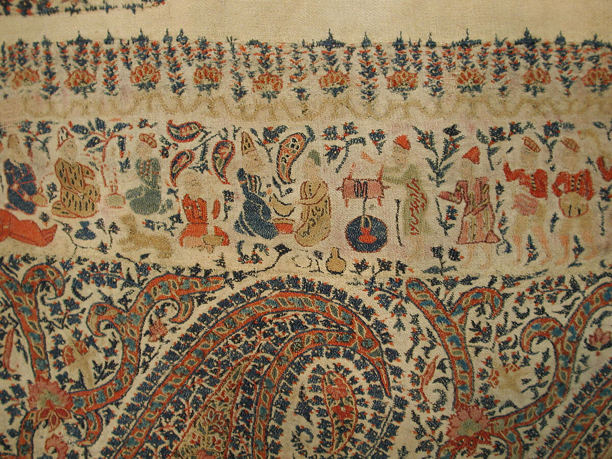 Shawl, Wool; plain weave, appliquéd with embroidered panels