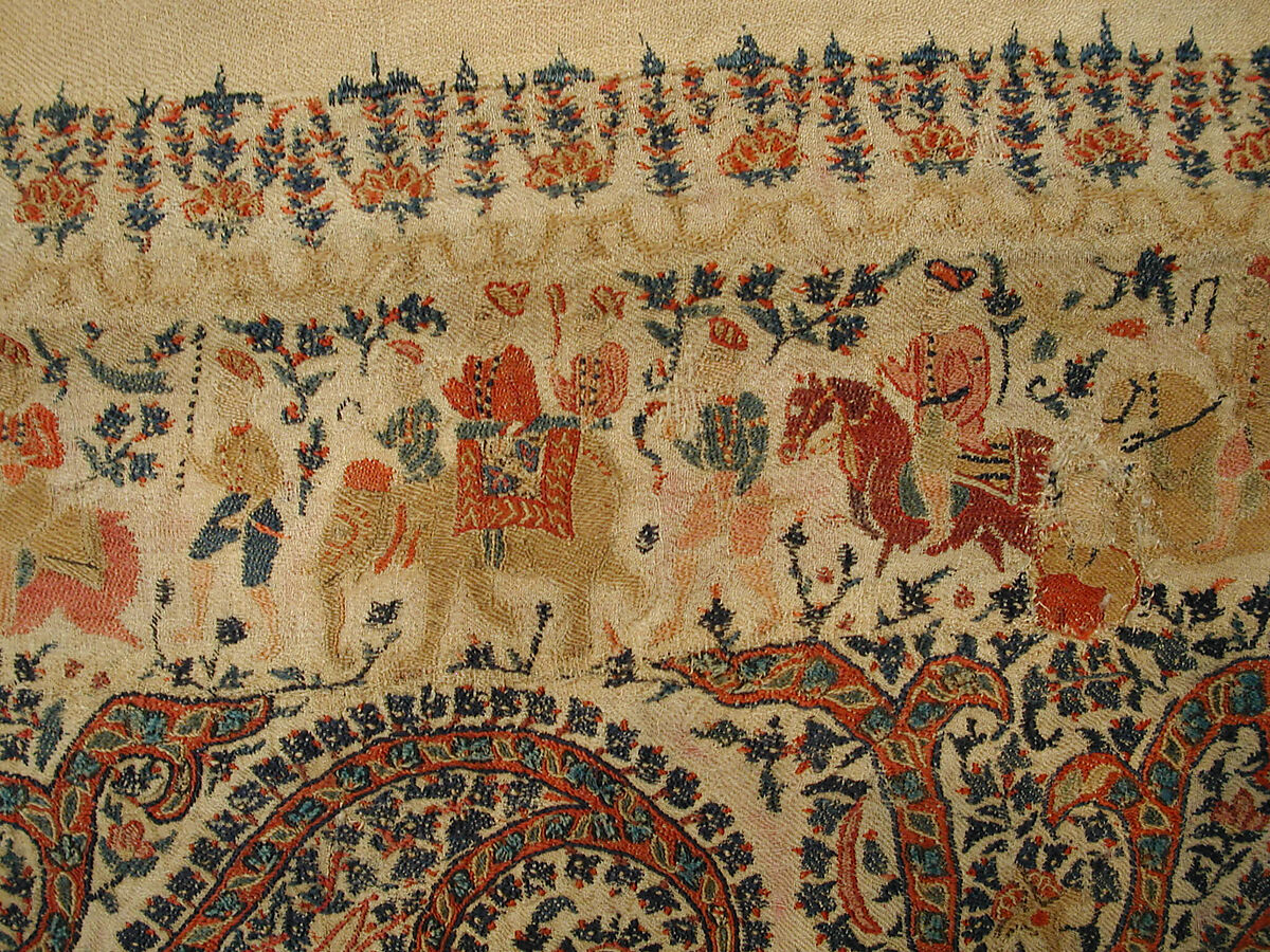 Shawl, Wool; plain weave, appliquéd with embroidered panels