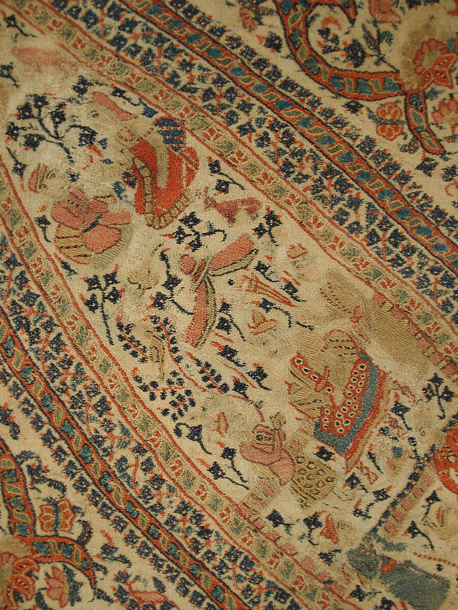 Shawl, Wool; plain weave, appliquéd with embroidered panels