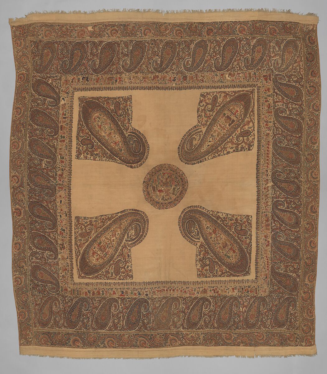 Shawl, Wool; plain weave, appliquéd with embroidered panels